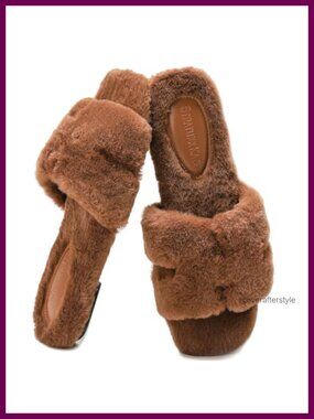 Faux Fur Fuzzy Slide Slippers Open Toe Memory Foam Non-Slip House Shoes